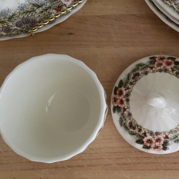 **SOLD*Queens Myott Thanksgiving Turkey (5) 8” Dessert Plates w/Sugar & Creamer - Picture 6 of 7